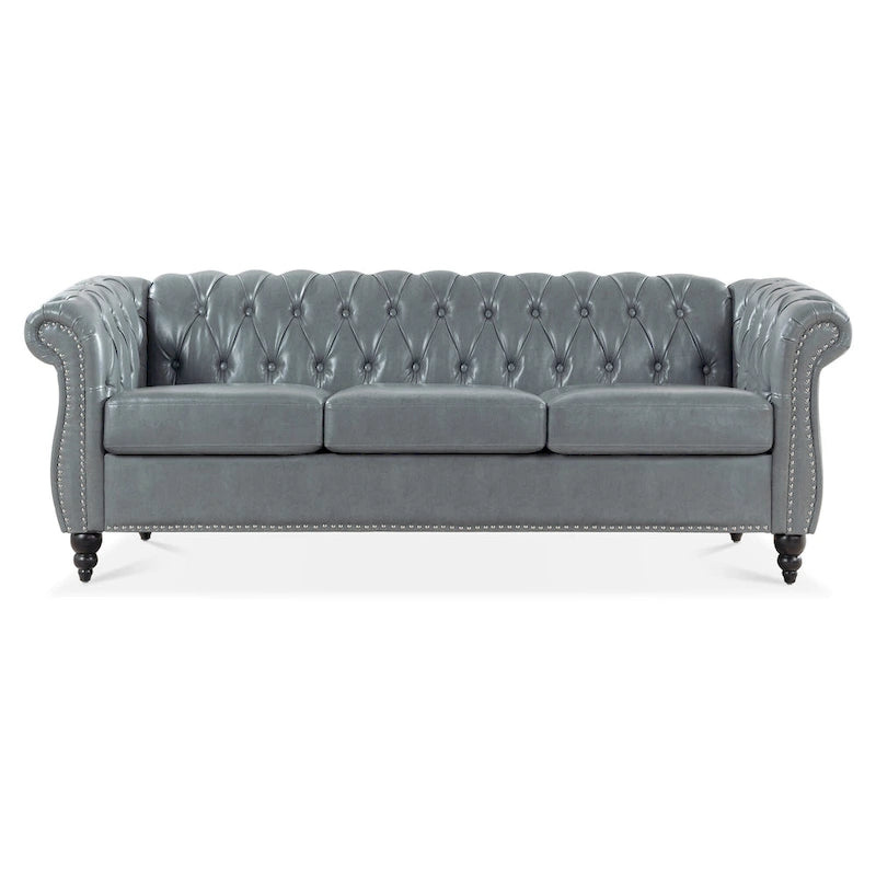 Canapé Chesterfield 3 places à accoudoirs roulés, avec ressorts ensachés et pieds en bouleau, en coloris blanc / PU blanc / velours Teddy gris