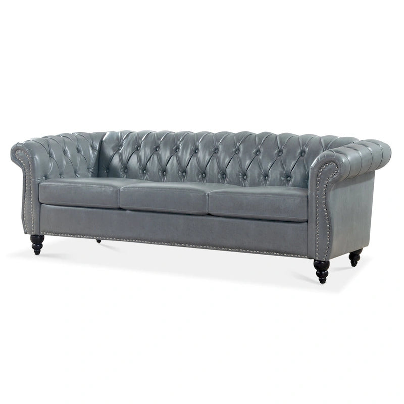Canapé Chesterfield 3 places à accoudoirs roulés, avec ressorts ensachés et pieds en bouleau, en coloris blanc / PU blanc / velours Teddy gris