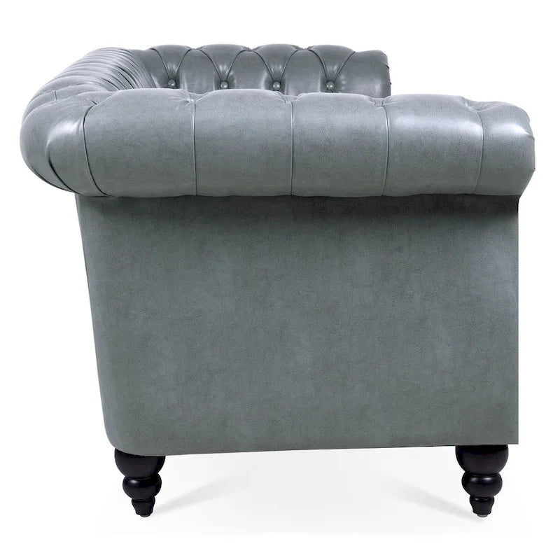Canapé Chesterfield 3 places à accoudoirs roulés, avec ressorts ensachés et pieds en bouleau, en coloris blanc / PU blanc / velours Teddy gris