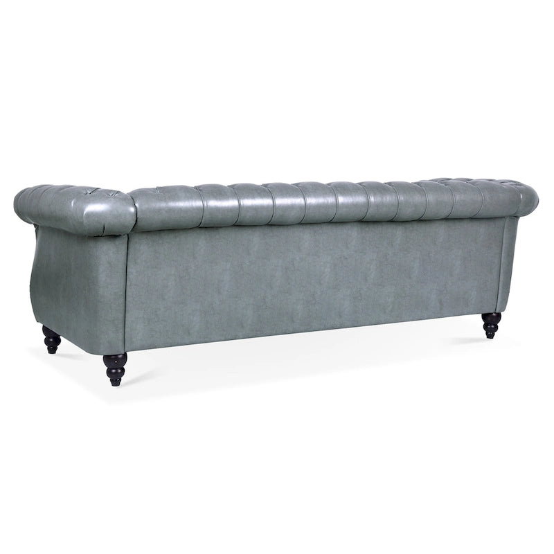 Canapé Chesterfield 3 places à accoudoirs roulés, avec ressorts ensachés et pieds en bouleau, en coloris blanc / PU blanc / velours Teddy gris