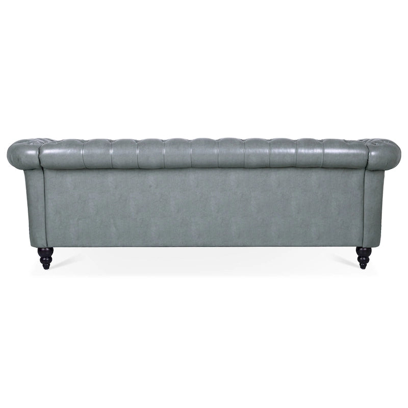 Canapé Chesterfield 3 places à accoudoirs roulés, avec ressorts ensachés et pieds en bouleau, en coloris blanc / PU blanc / velours Teddy gris