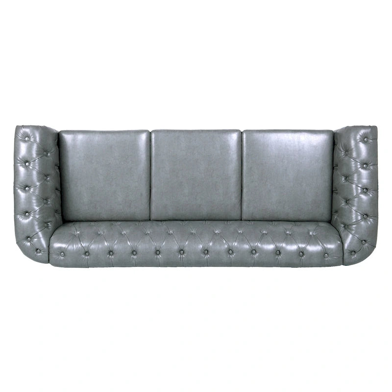 Canapé Chesterfield 3 places à accoudoirs roulés, avec ressorts ensachés et pieds en bouleau, en coloris blanc / PU blanc / velours Teddy gris