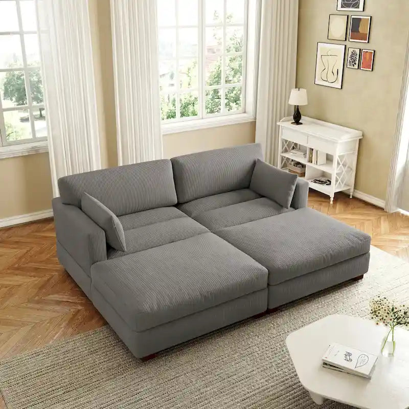 Canapé d'angle en velours côtelé avec accoudoir et coussins