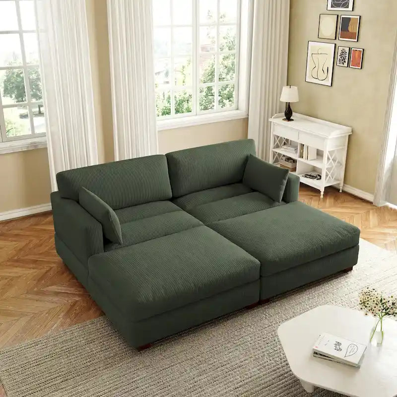 Canapé d'angle en velours côtelé avec accoudoir et coussins