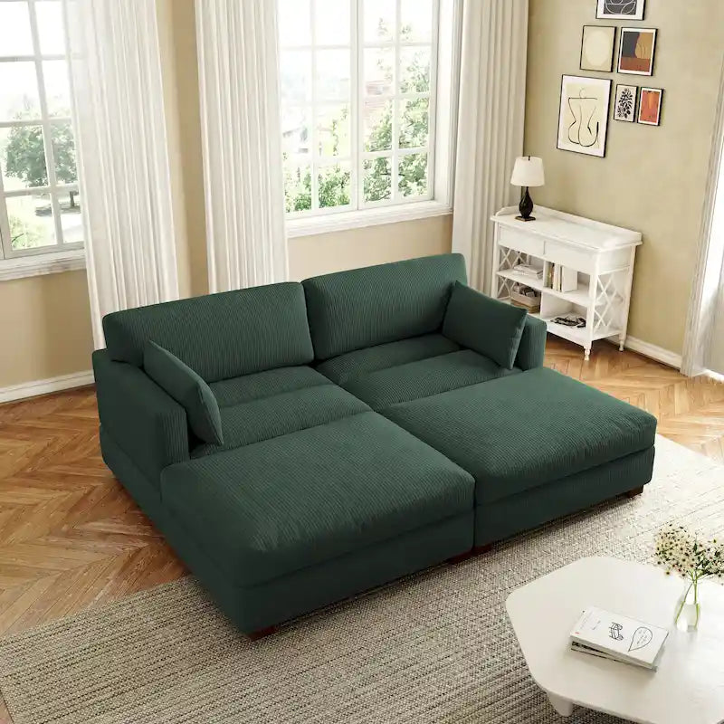 Canapé d'angle en velours côtelé avec accoudoir et coussins