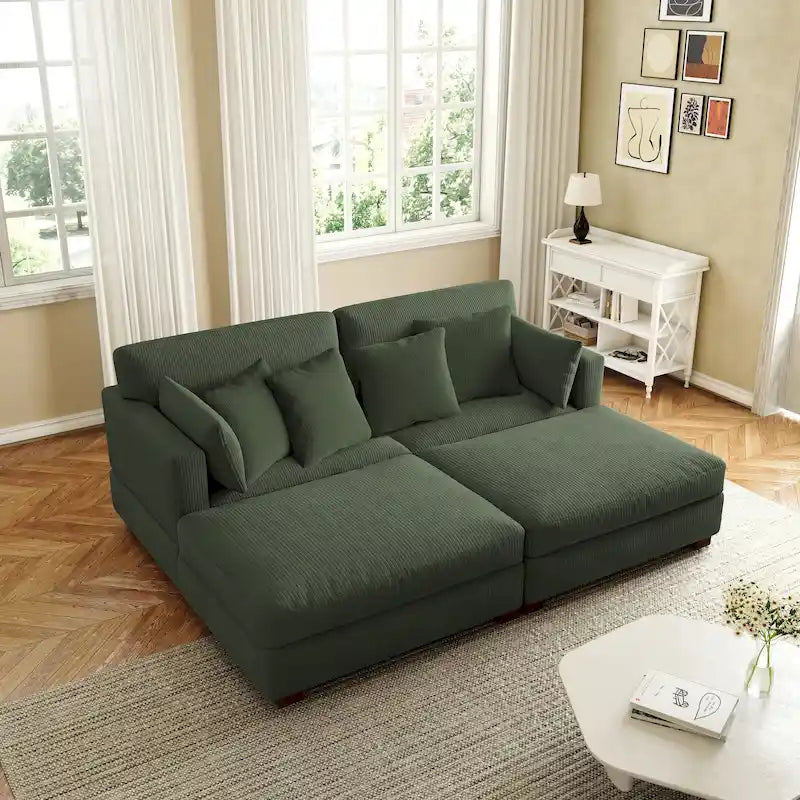 Canapé d'angle en velours côtelé avec accoudoir et coussins