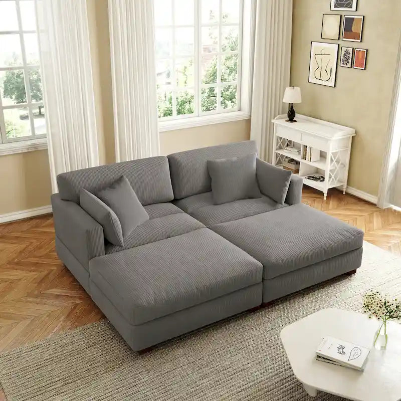 Canapé d'angle en velours côtelé avec accoudoir et coussins