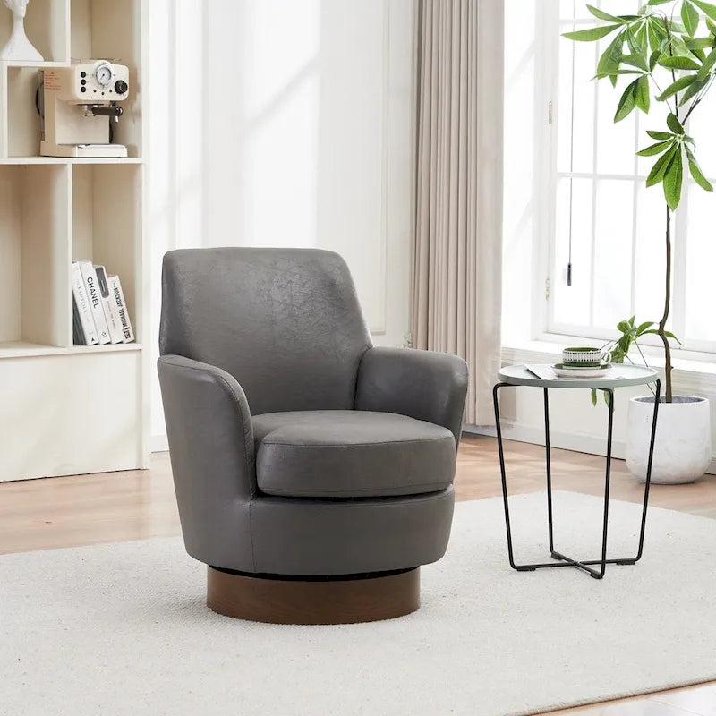 Fauteuil pivotant rond en tissu marron/gris avec base pivotante en fer à 360° et mousse haute densité, 1 place