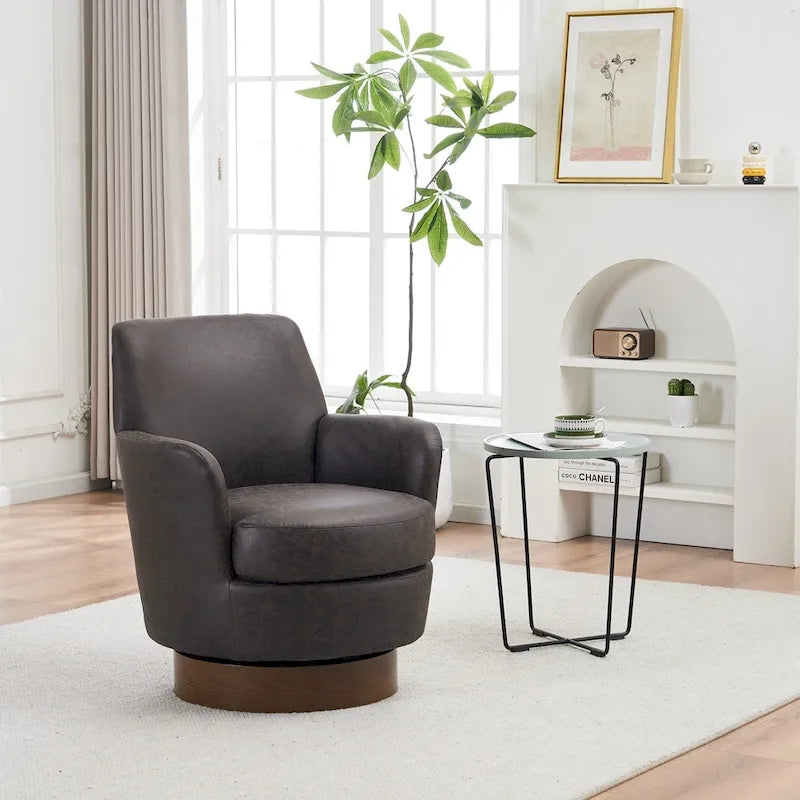 Fauteuil pivotant rond en tissu marron/gris avec base pivotante en fer à 360° et mousse haute densité, 1 place