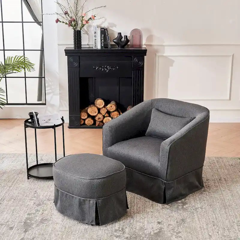 Fauteuil club pivotant en lin (bleu / beige / noir / gris foncé / orange) avec pouf, 1 place