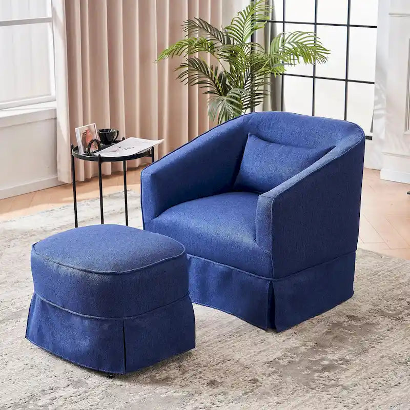 Fauteuil club pivotant en lin (bleu / beige / noir / gris foncé / orange) avec pouf, 1 place