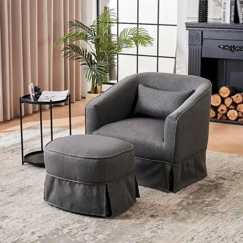 Fauteuil club pivotant en lin (bleu / beige / noir / gris foncé / orange) avec pouf, 1 place