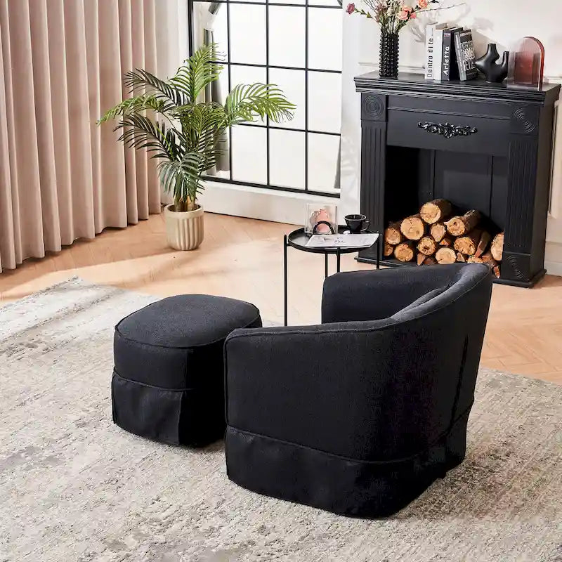Fauteuil club pivotant en lin (bleu / beige / noir / gris foncé / orange) avec pouf, 1 place