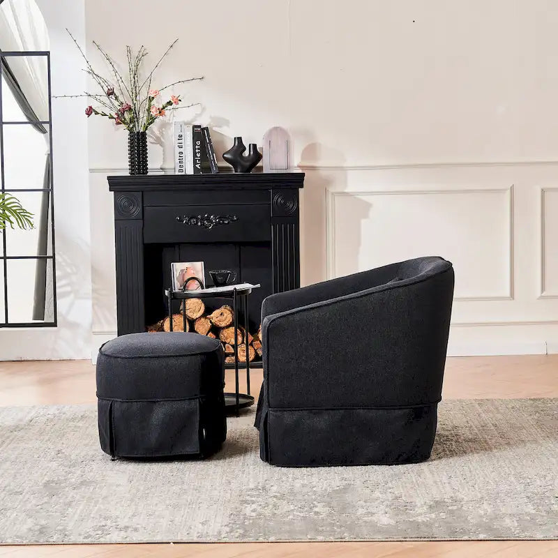 Fauteuil club pivotant en lin (bleu / beige / noir / gris foncé / orange) avec pouf, 1 place