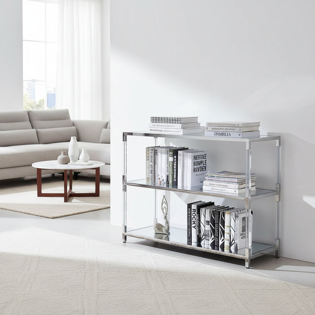 Metal and Glass Sofa Table with 2 Open Shelves, Silver and Clear