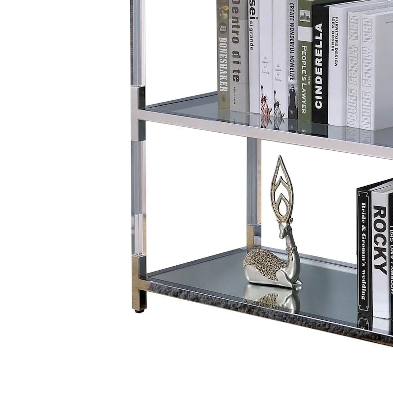 Console d'appoint avec plateau en verre trempé argenté et transparent, cadre en métal, accents miroir et 2 étagères ouvertes
