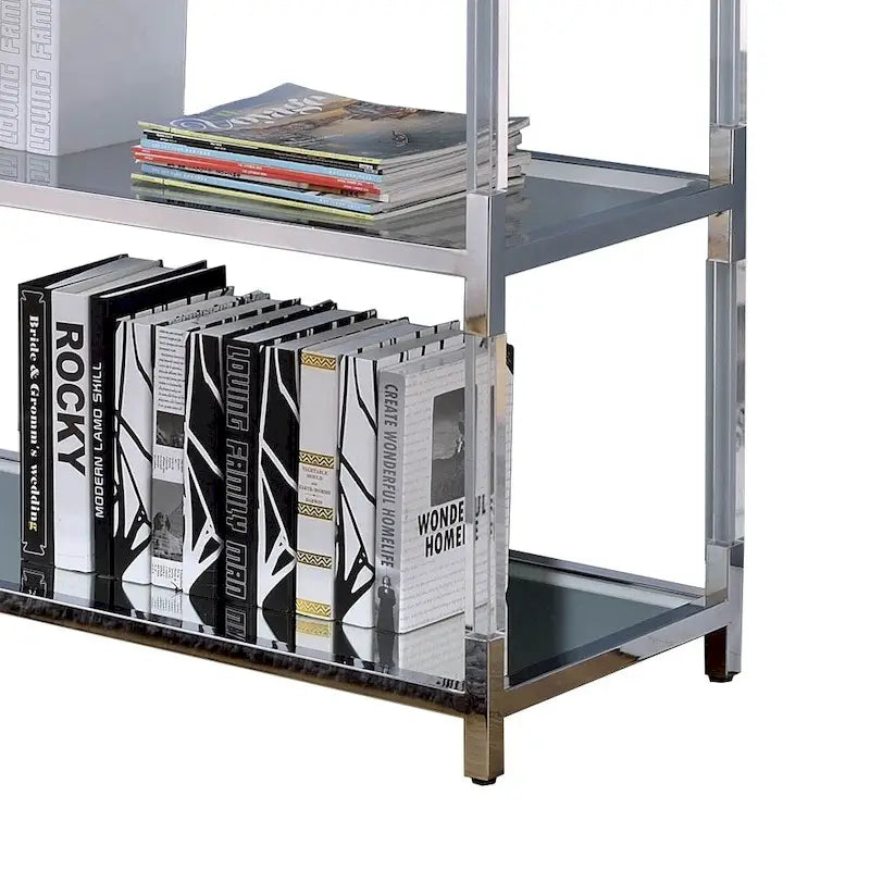 Console d'appoint avec plateau en verre trempé argenté et transparent, cadre en métal, accents miroir et 2 étagères ouvertes