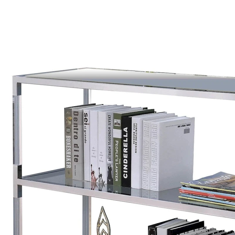 Console d'appoint avec plateau en verre trempé argenté et transparent, cadre en métal, accents miroir et 2 étagères ouvertes