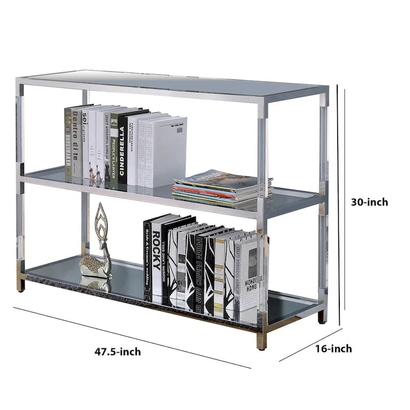 Console d'appoint avec plateau en verre trempé argenté et transparent, cadre en métal, accents miroir et 2 étagères ouvertes