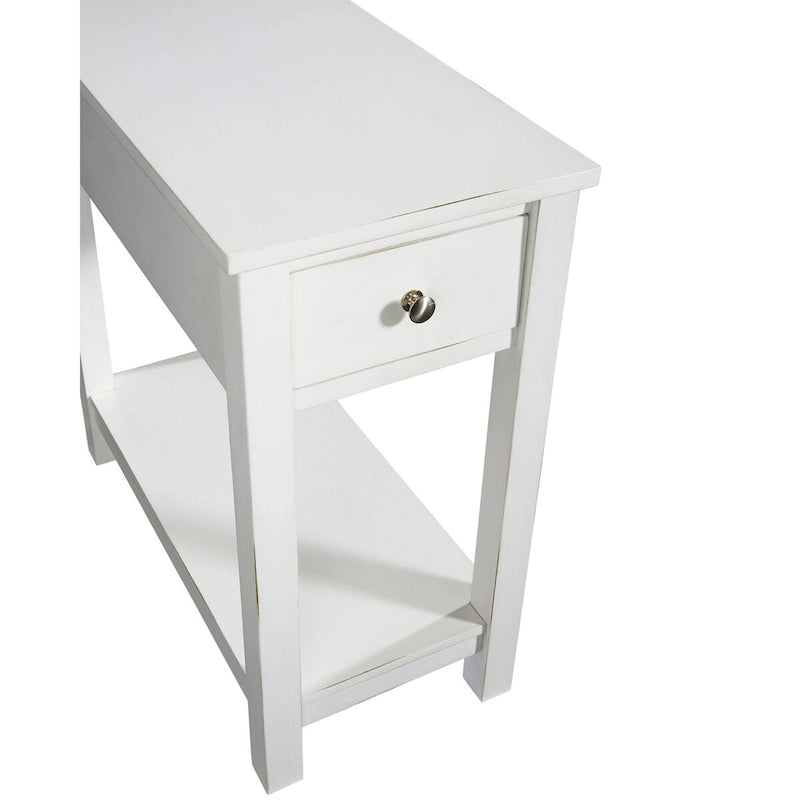 Table d'appoint blanche avec 1 tiroir, étagère inférieure et poignée en nickel satiné