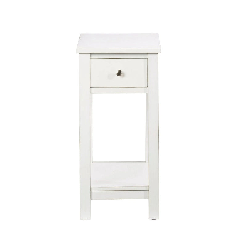 Table d'appoint blanche avec 1 tiroir, étagère inférieure et poignée en nickel satiné