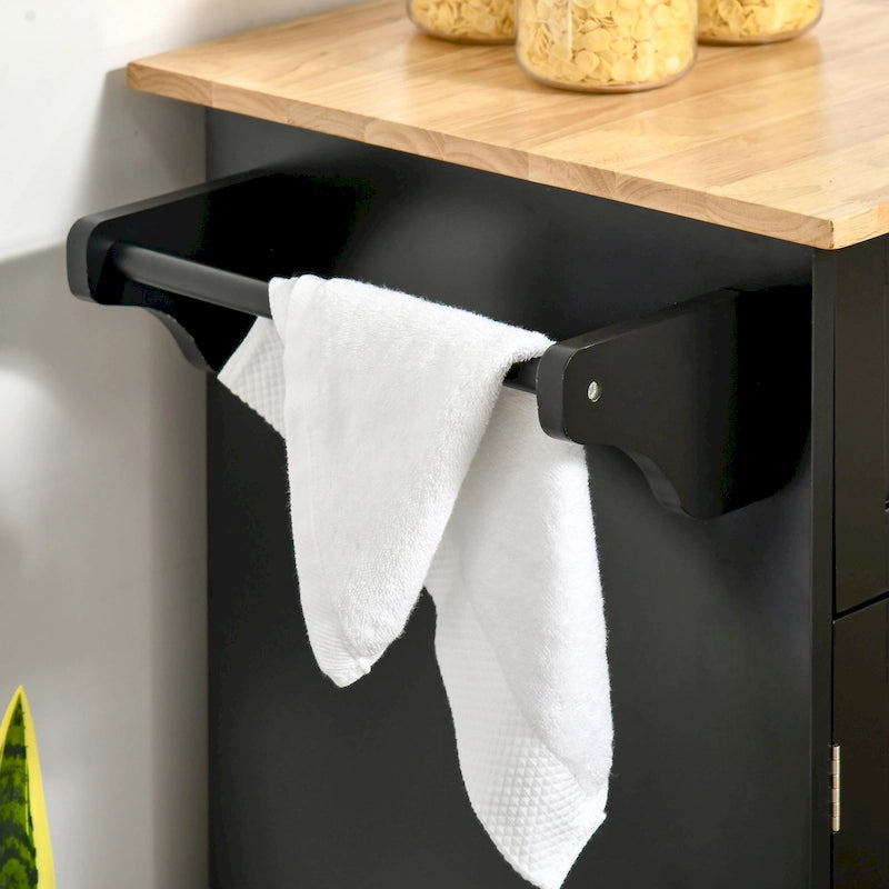 Îlot de cuisine roulant noir avec 2 tiroirs, placard fermé et porte-serviettes, plateau en bois d'hévéa, 104 cm de large