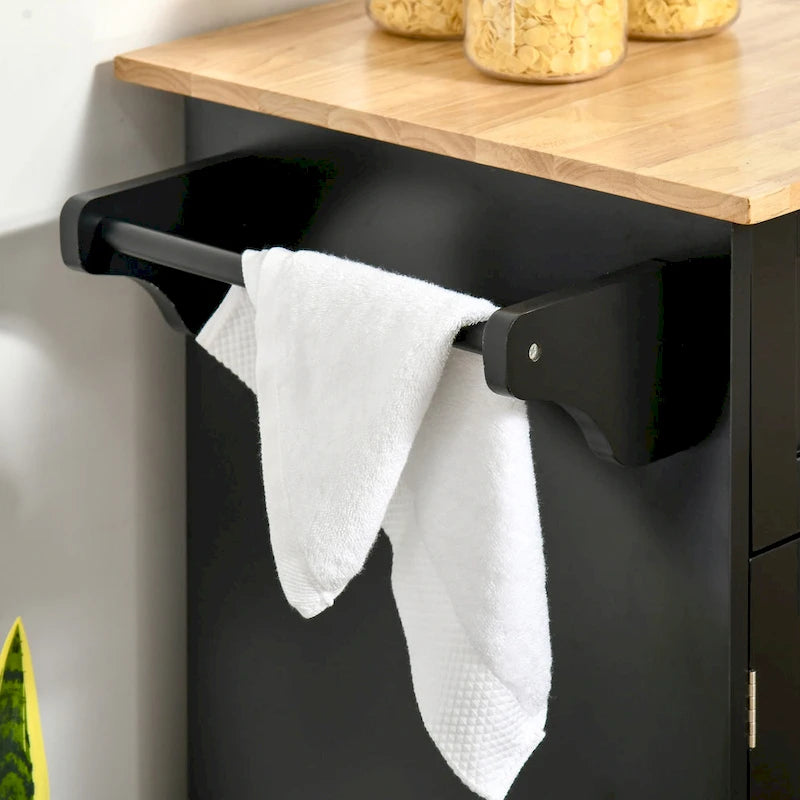 Îlot de cuisine roulant noir avec 2 tiroirs, placard fermé et porte-serviettes, plateau en bois d'hévéa, 104 cm de large