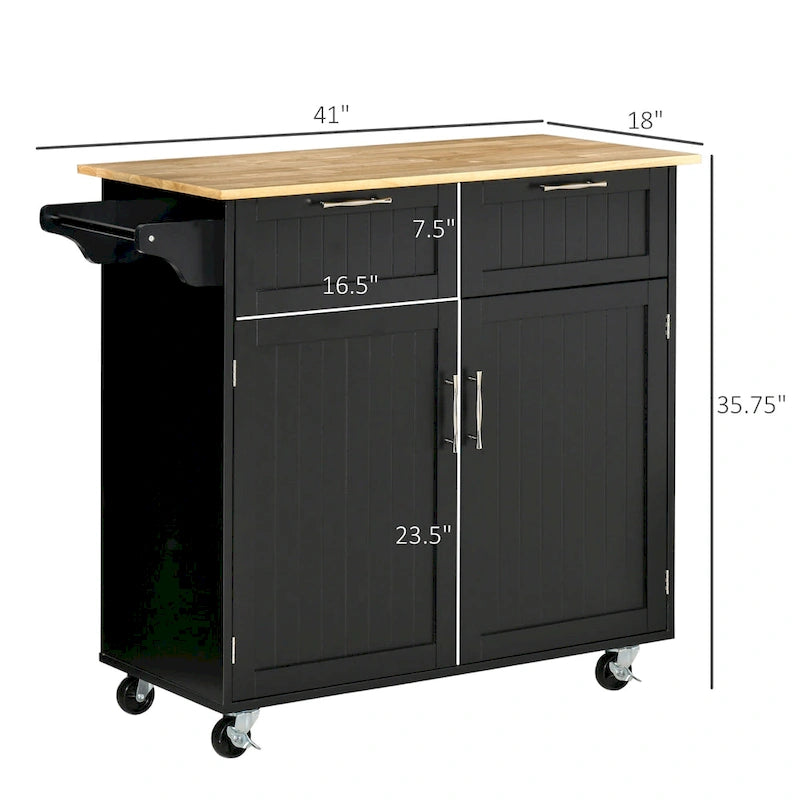 Îlot de cuisine roulant noir avec 2 tiroirs, placard fermé et porte-serviettes, plateau en bois d'hévéa, 104 cm de large