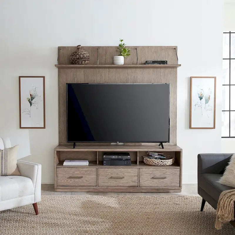Meuble TV 70" de large en beige bruni avec étagère flottante et 3 tiroirs