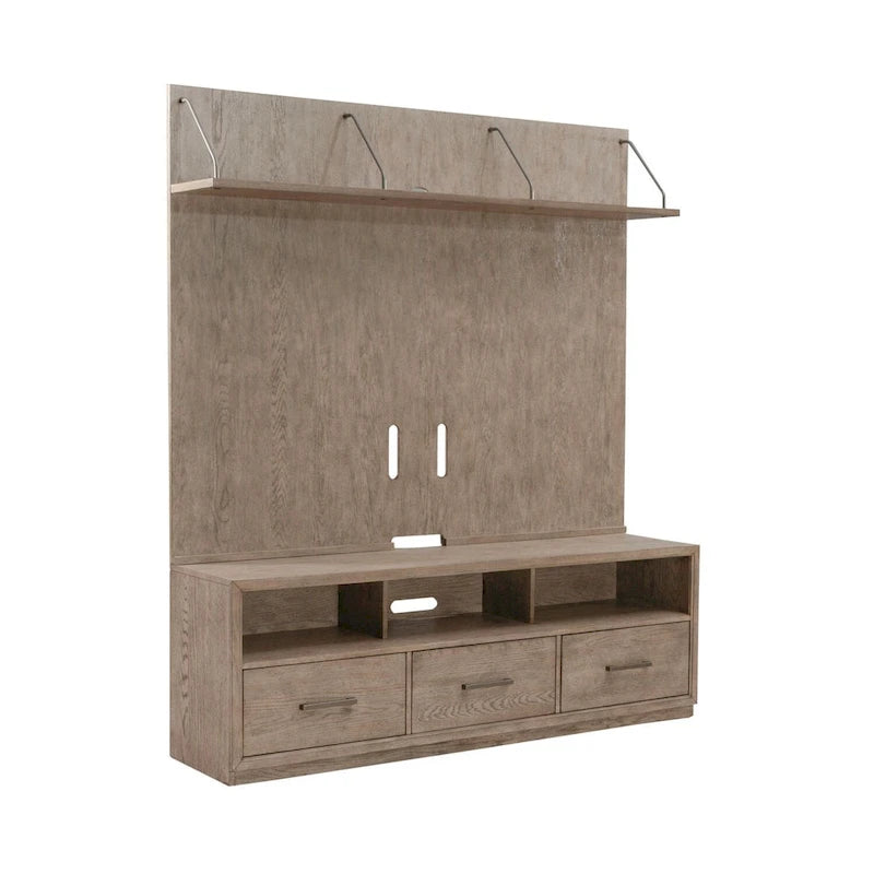 Meuble TV 70" de large en beige bruni avec étagère flottante et 3 tiroirs