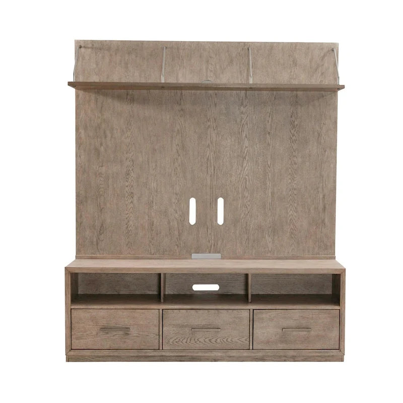 Meuble TV 70" de large en beige bruni avec étagère flottante et 3 tiroirs