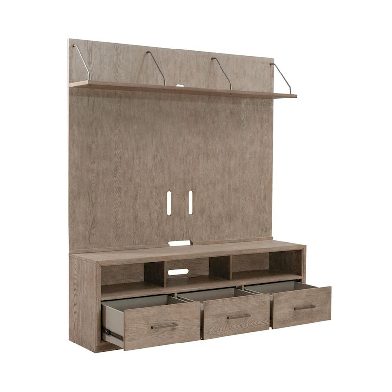 Meuble TV 70" de large en beige bruni avec étagère flottante et 3 tiroirs