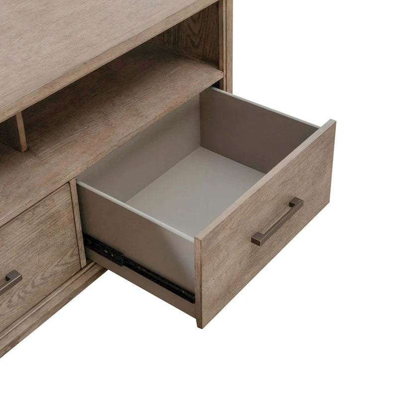 Meuble TV 70" de large en beige bruni avec étagère flottante et 3 tiroirs