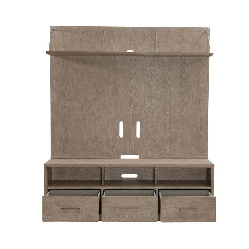 Meuble TV 70" de large en beige bruni avec étagère flottante et 3 tiroirs