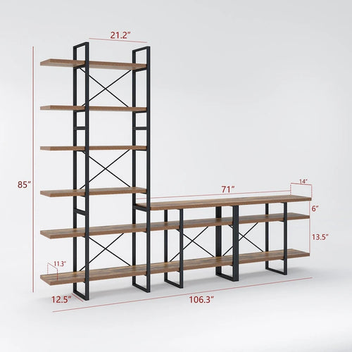 Meuble TV en noyer antique, MDF et métal avec bibliothèque à 6 niveaux, style Mid-Century