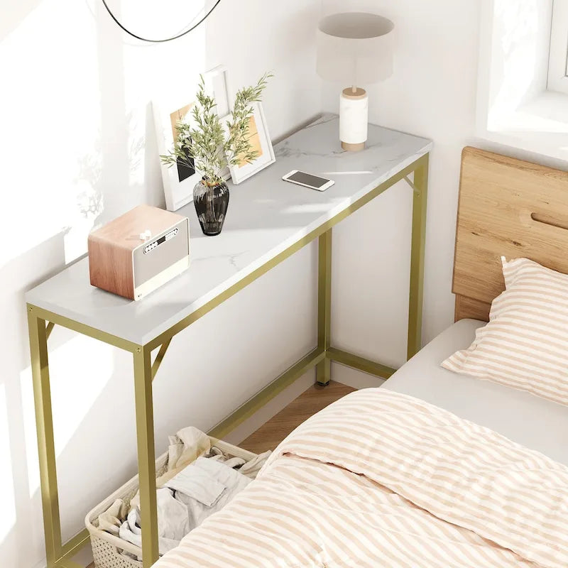 Console étroite à plateau simple en MDF et métal, marron / gris / doré / noir