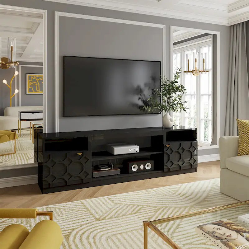 Meuble TV blanc/noir haute brillance de 178 cm avec portes gaufrées en nid d'abeille, pieds dorés et armoires latérales