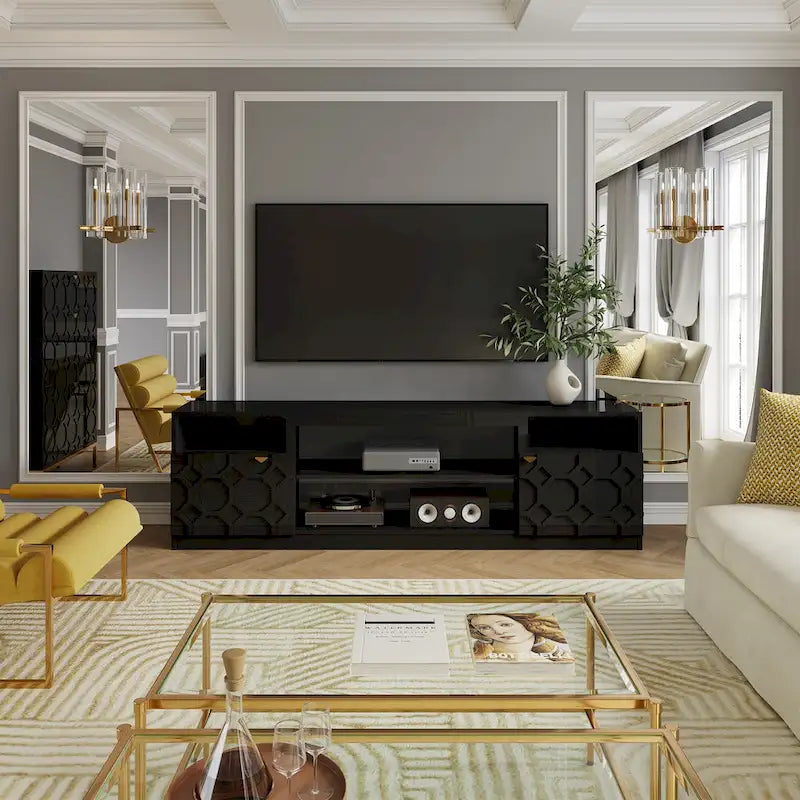 Meuble TV blanc/noir haute brillance de 178 cm avec portes gaufrées en nid d'abeille, pieds dorés et armoires latérales
