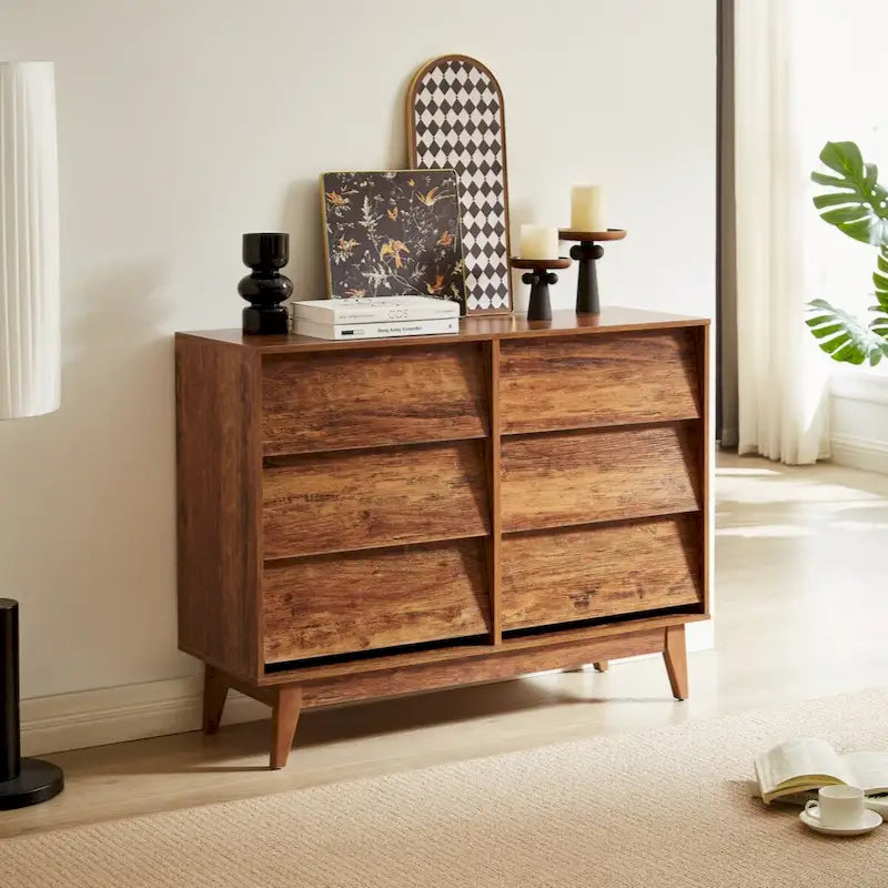 Commode double marron à 6 tiroirs avec design biseauté vintage