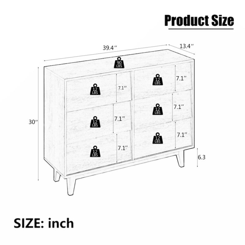 Commode double marron à 6 tiroirs avec design biseauté vintage