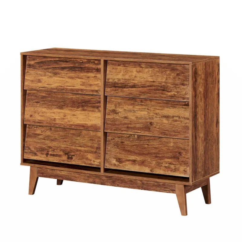 Commode double marron à 6 tiroirs avec design biseauté vintage