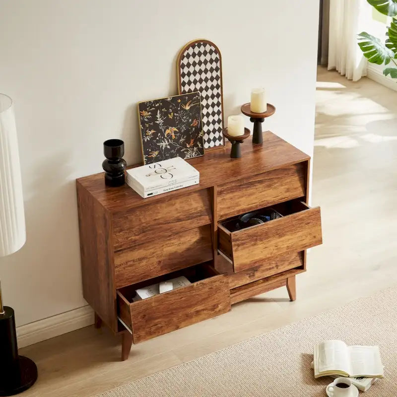 Commode double marron à 6 tiroirs avec design biseauté vintage