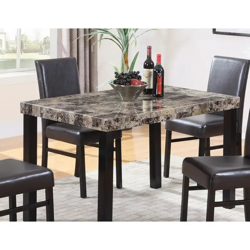 Table à manger rectangulaire en faux marbre marron avec pieds en bois espresso, pour 4 personnes
