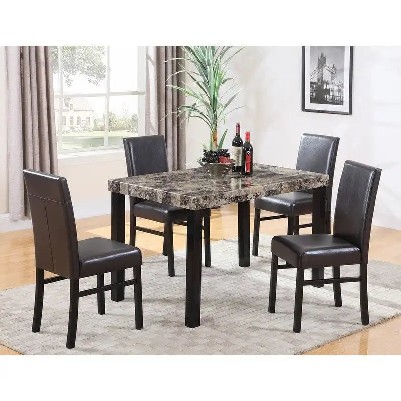 Table à manger rectangulaire en faux marbre marron avec pieds en bois espresso, pour 4 personnes