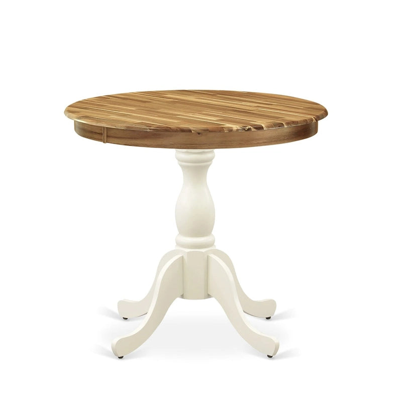 Table de salle à manger ronde, blanche lin / naturelle, avec pied central, en bois dur d'Asie, 4 places