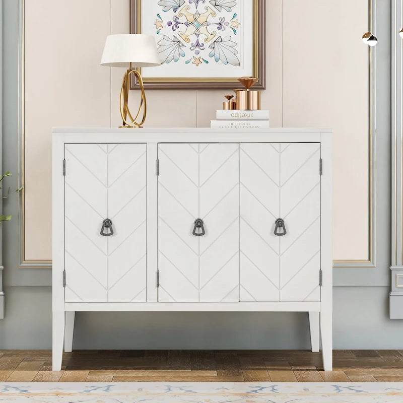 Buffet vintage à 3 portes avec panneau à rayures diagonales et poignées en bronze, 94 cm de large - Blanc/Marron/Bleu/Gris