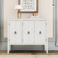 Buffet vintage à 3 portes avec panneau à rayures diagonales et poignées en bronze, 94 cm de large - Blanc/Marron/Bleu/Gris