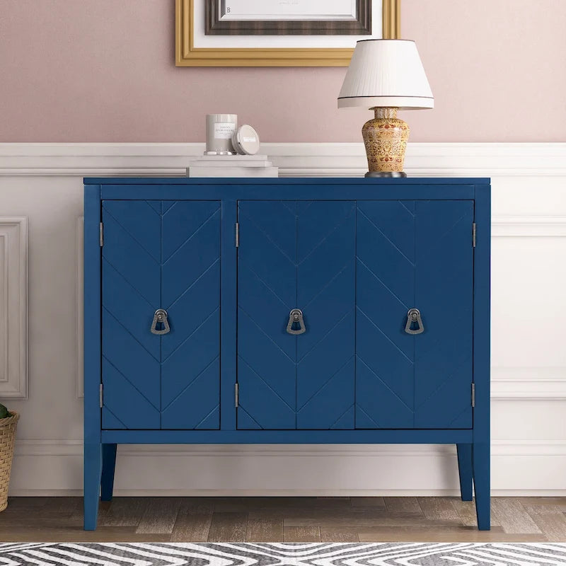 Buffet vintage à 3 portes avec panneau à rayures diagonales et poignées en bronze, 94 cm de large - Blanc/Marron/Bleu/Gris