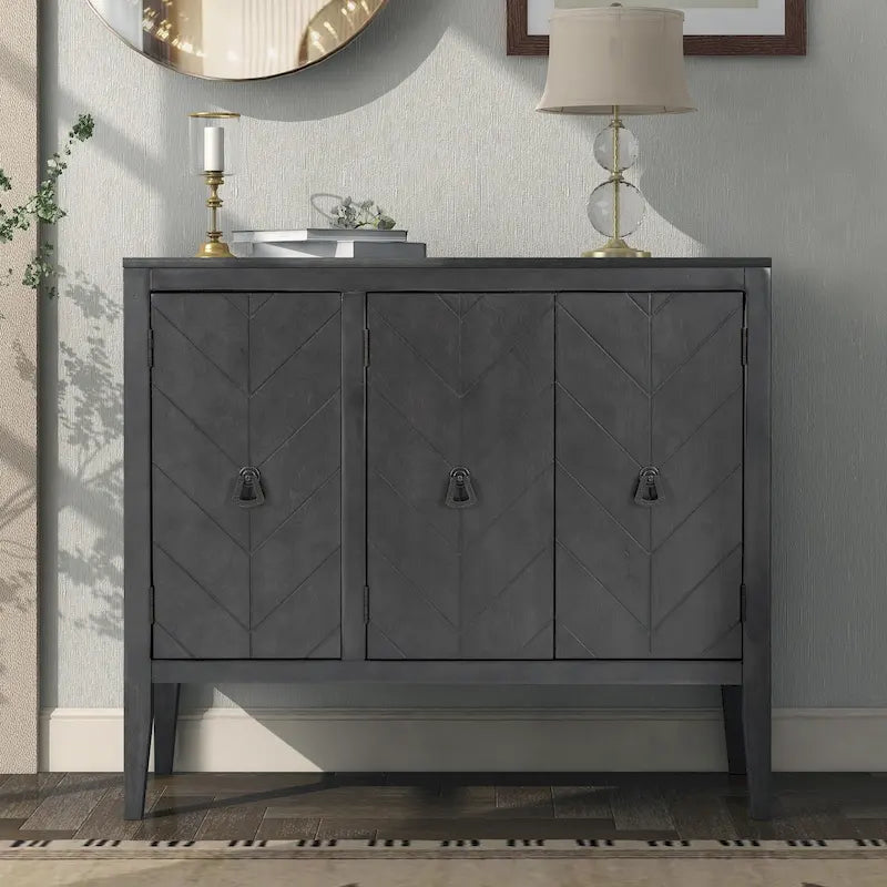 Buffet vintage à 3 portes avec panneau à rayures diagonales et poignées en bronze, 94 cm de large - Blanc/Marron/Bleu/Gris