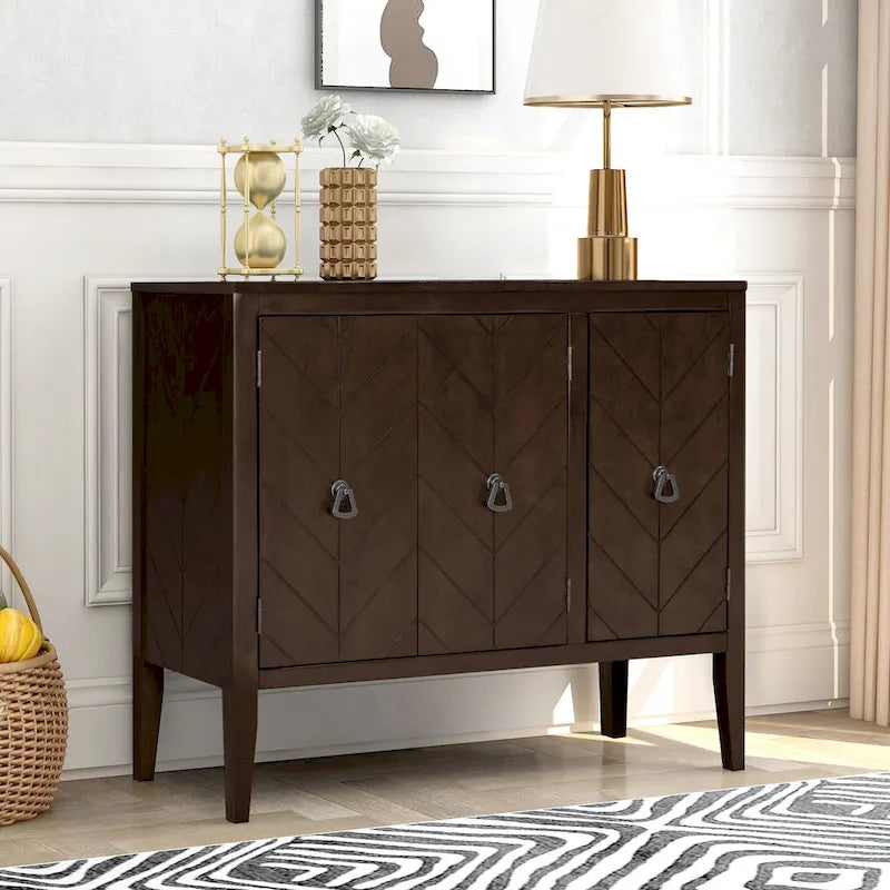 Buffet vintage à 3 portes avec panneau à rayures diagonales et poignées en bronze, 94 cm de large - Blanc/Marron/Bleu/Gris